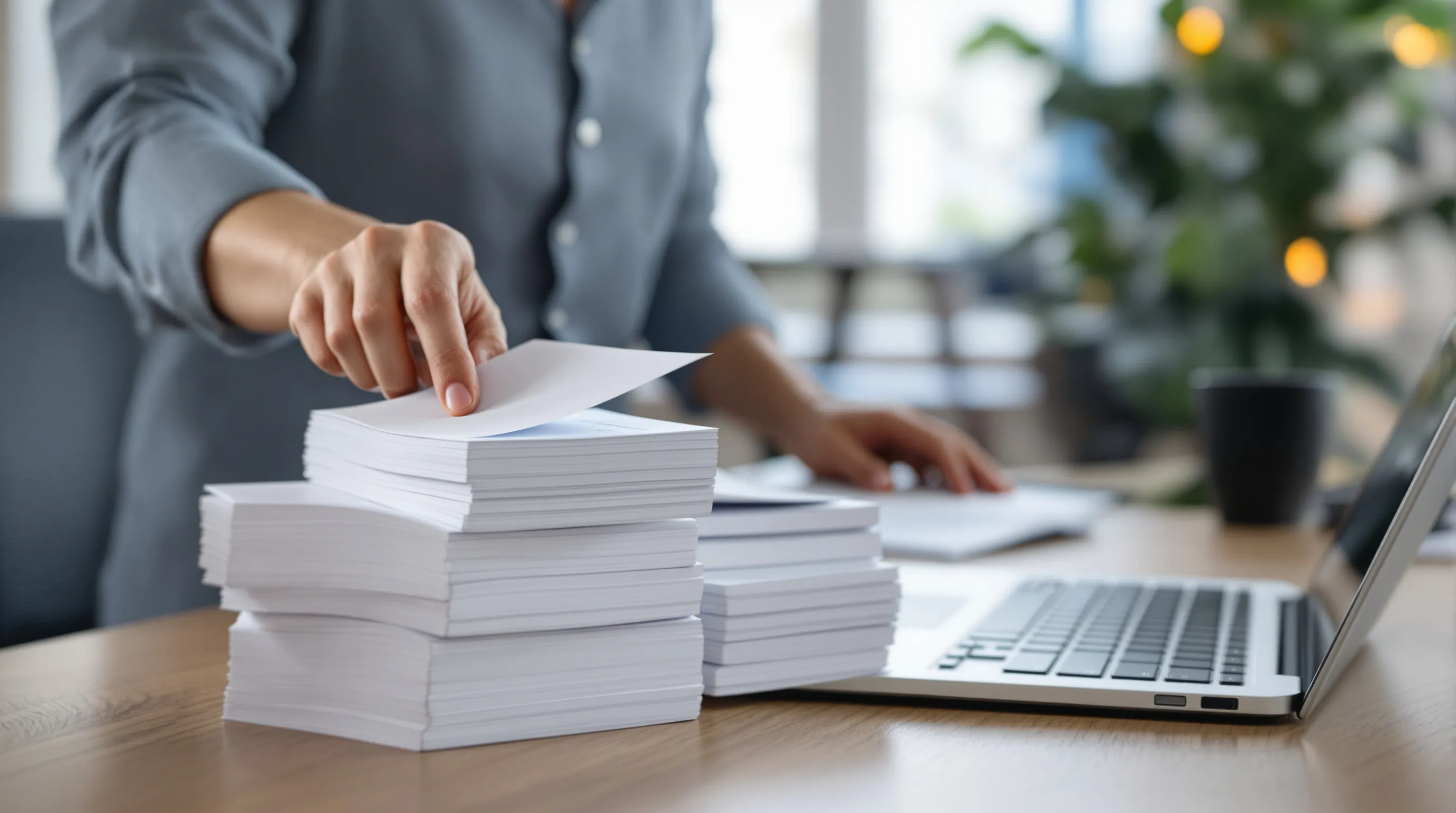 Support team lead sorting printed tickets into three stacks beside a laptop showing a help desk queue