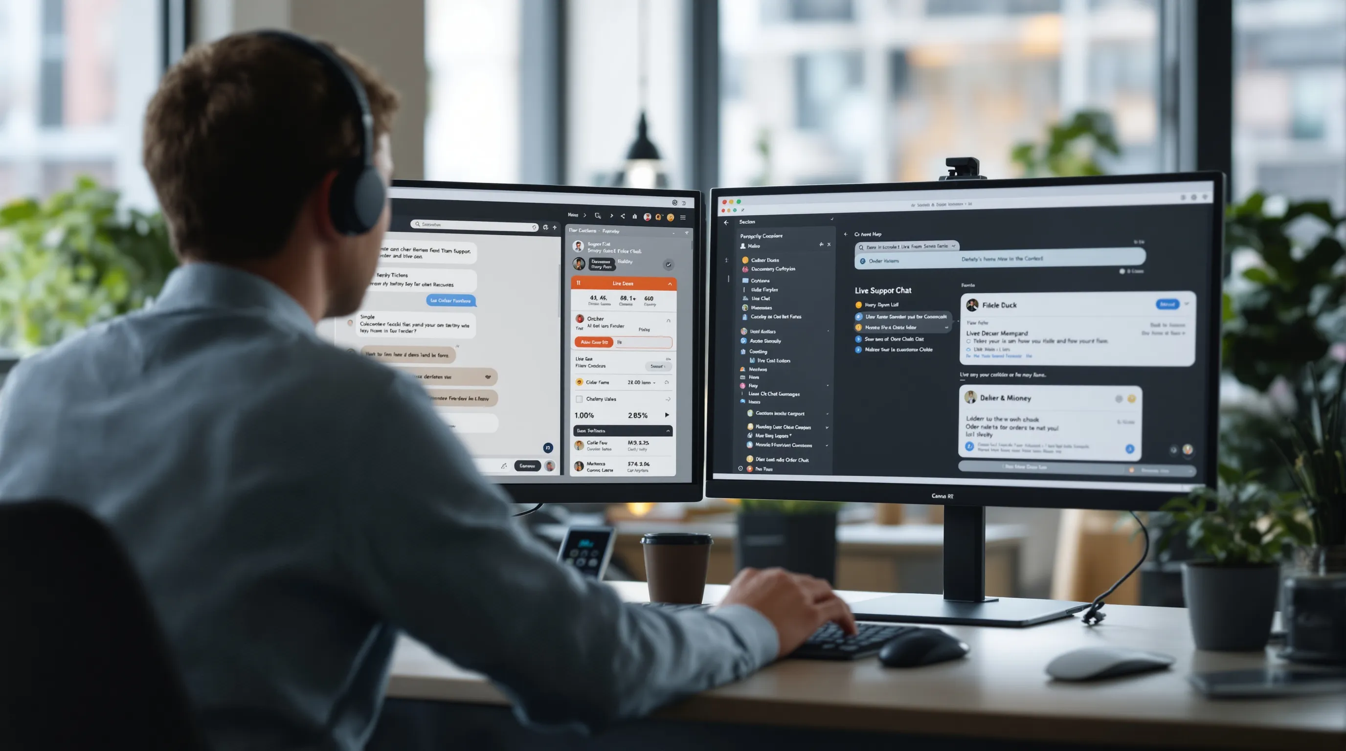 Support team lead comparing a scripted chatbot flow on one monitor with an AI agent working a help desk ticket queue on the other