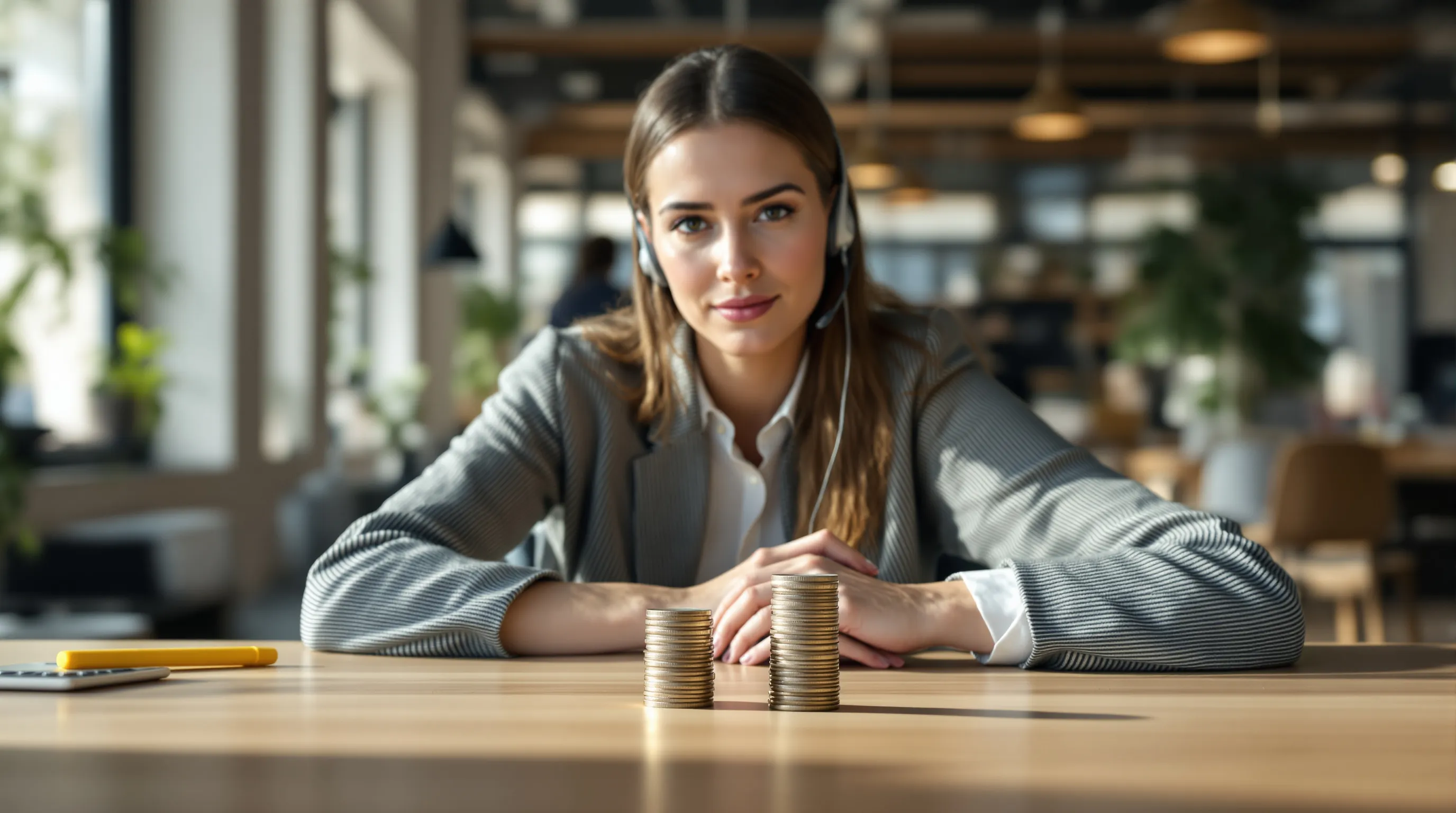 A support operations manager sits at a wooden desk in a quiet open-plan office, leaning over two neat stacks of coins and a small calculator-free arrangement of two identical headsets placed side by side, one stack tall