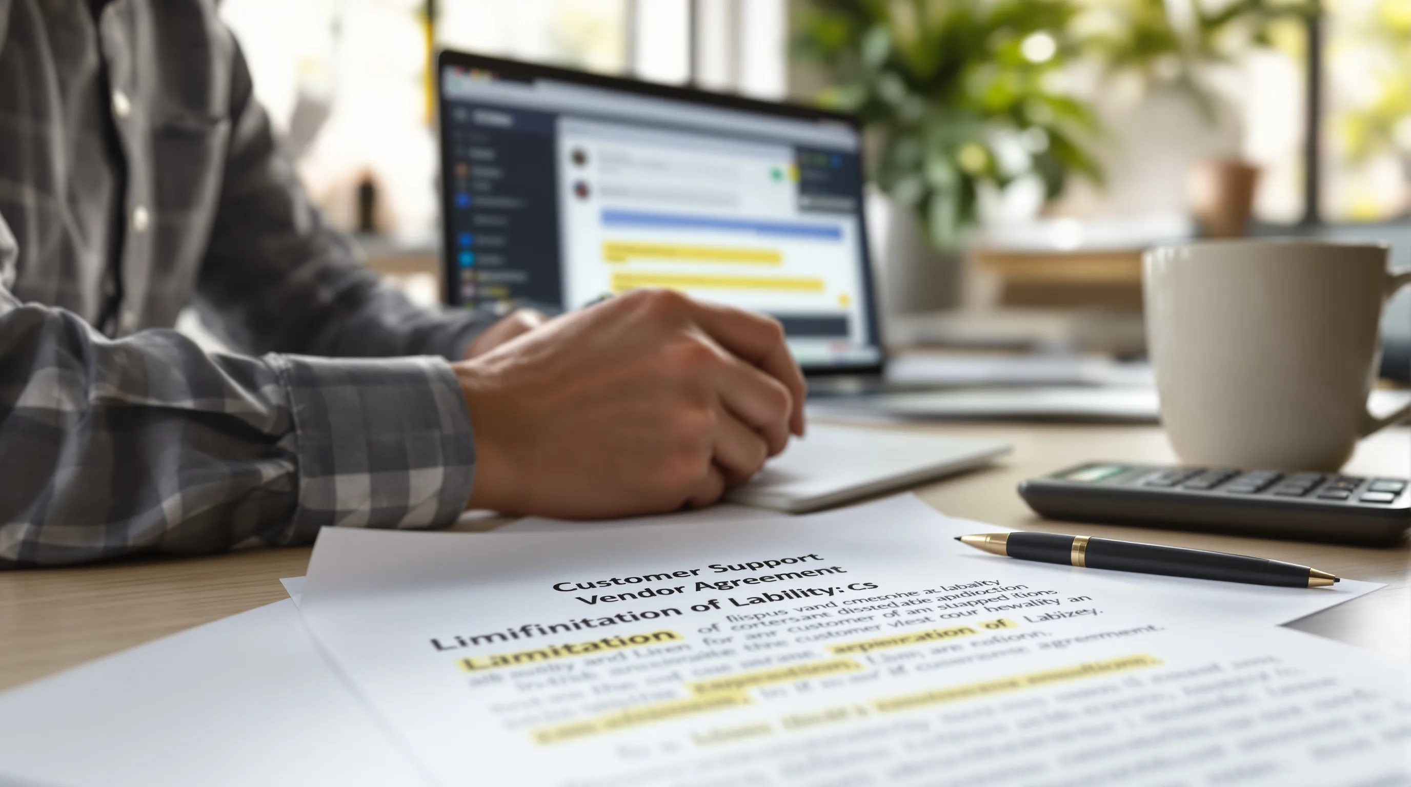 A printed AI vendor agreement with a highlighted liability clause beside a laptop showing a customer support chat