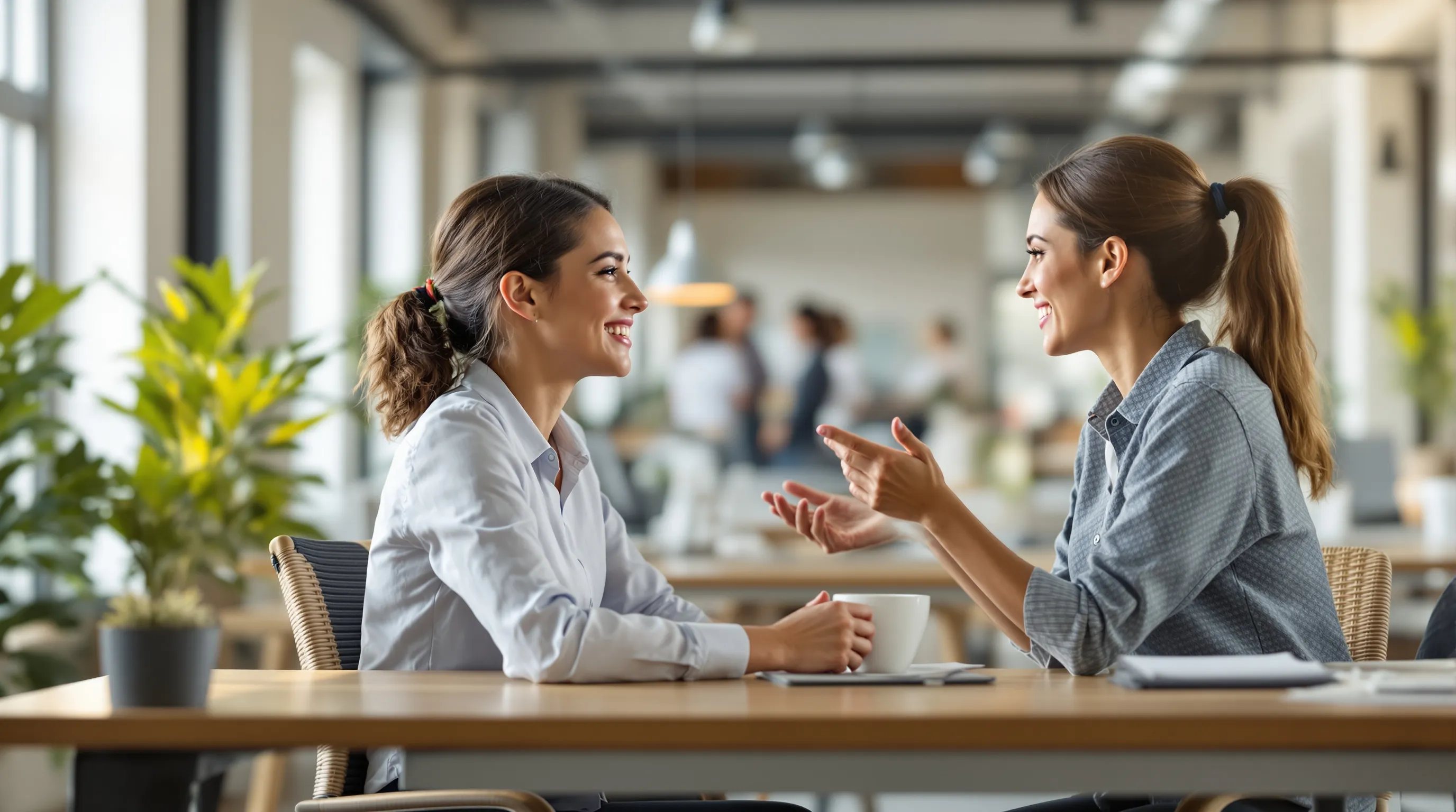 A customer support team lead sits at a wooden desk in a bright modern office, one hand resting on a coffee mug while the other gestures mid-conversation toward a colleague standing beside her, both smiling and relaxed