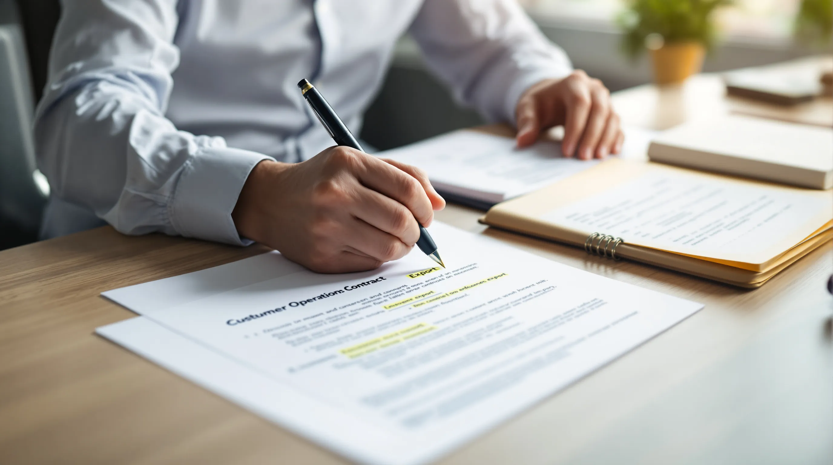 A customer support operations lead sits at an office desk reviewing a printed software contract, a pen resting on a yellow-highlighted clause