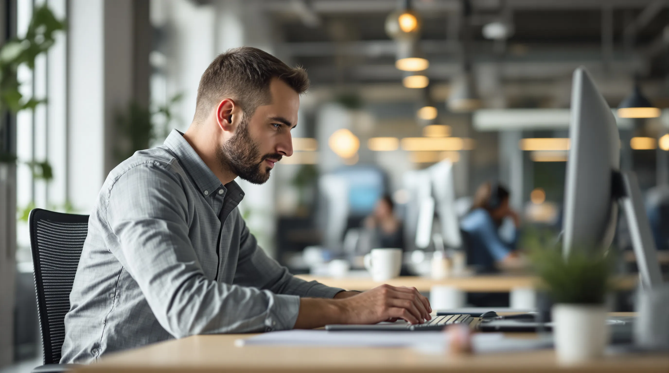 An engineer sits at a quiet desk, leaning in with a focused expression and typing carefully, while in soft focus behind them a support agent wearing a headset speaks with customers at a busy workstation